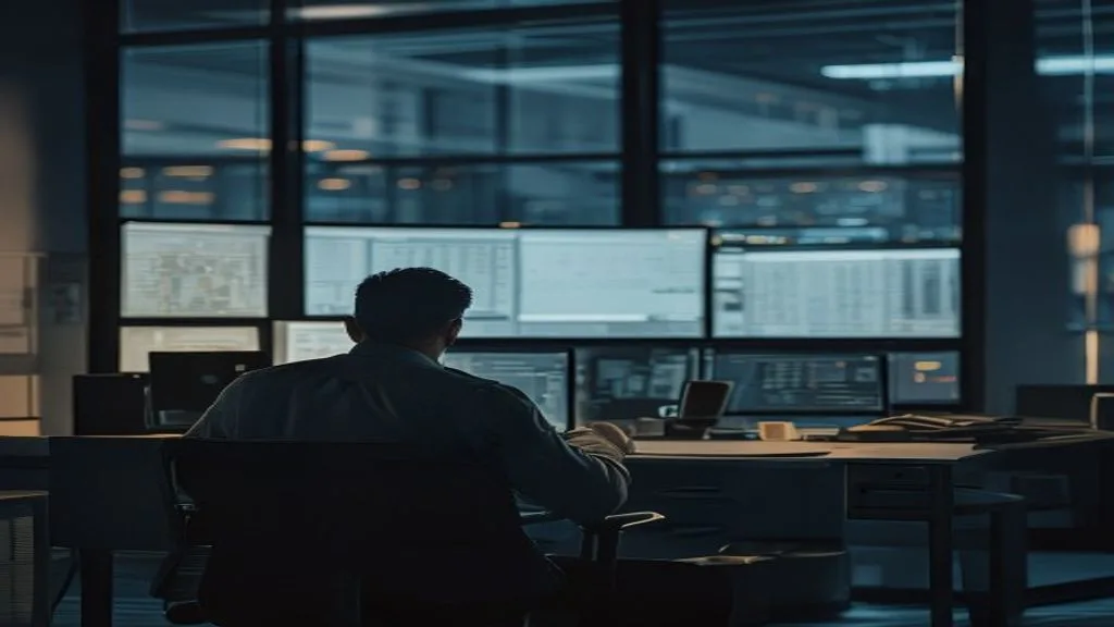 A knowledge worker searching a large digital document archive on screen in a modern office