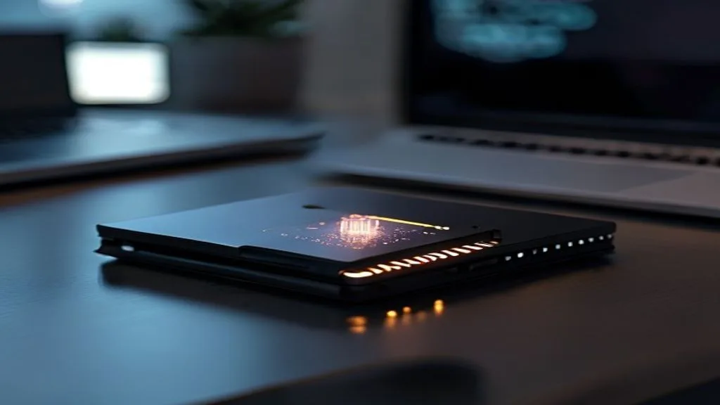 A compact edge computing device with a glowing processor chip on a desk beside a laptop